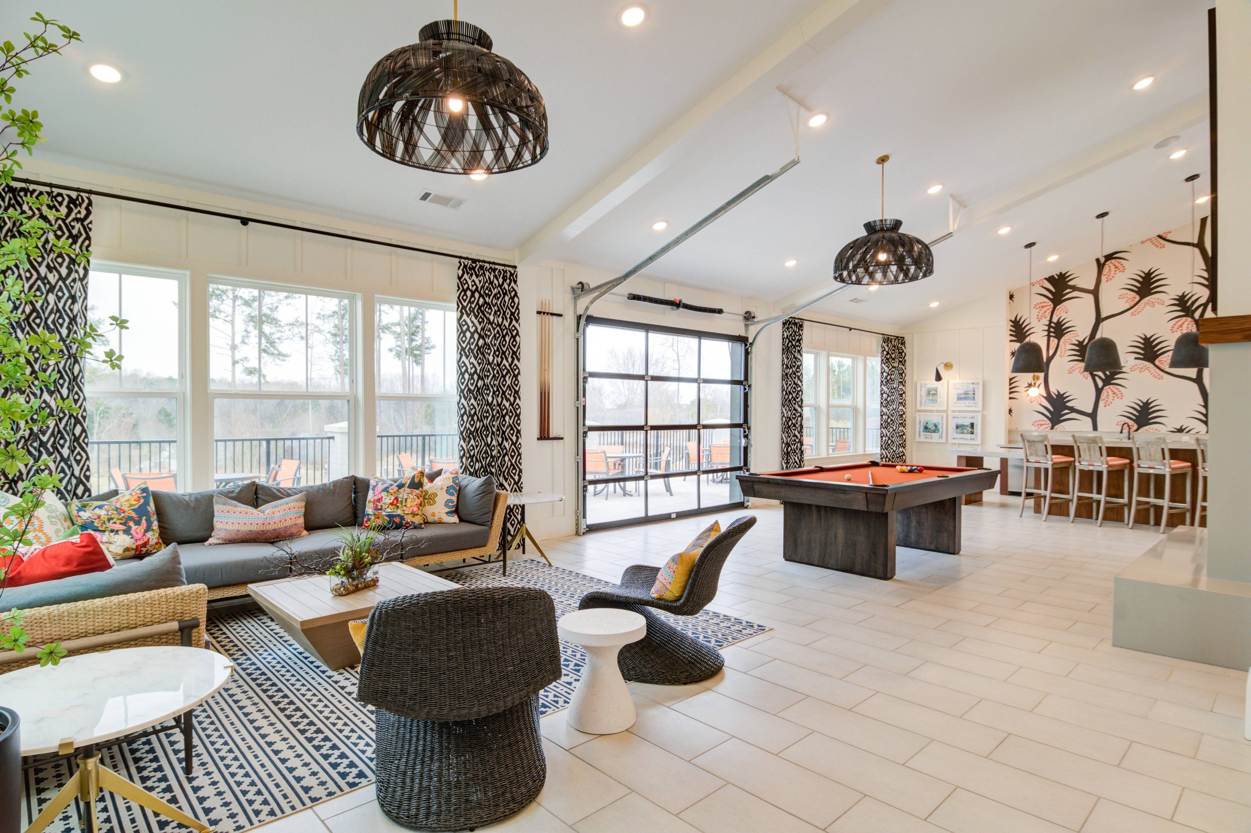 Resident lounge with billiards and kitchen area