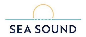 Modern logo featuring a stylized sun rising above a wavy horizon, with bold text 'Sea Sound' underneath.
