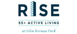Logo for RISE at Glen Kernan Park, featuring a modern high-rise icon with a focus on 55+ active living.