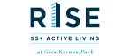 Logo for RISE at Glen Kernan Park, featuring a modern high-rise icon with a focus on 55+ active living.