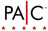 PAC logo featuring bold letters and five red stars with a vertical red line.