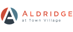 Aldridge at Town Village logo with modern design elements in red and blue.