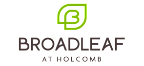 Modern logo design for Broadleaf at Holcomb, featuring a stylish green leaf graphic intertwined with the letter 'B'.