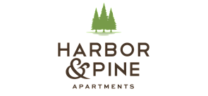 Elegant Harbor & Pine Apartments logo featuring stylized green pine trees, conveying a serene and nature-inspired living experience.