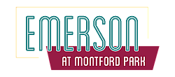 Emerson at Montford Park logo in bold teal and maroon, showcasing modern style and vibrant community living.