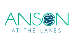 Anson at the Lakes logo featuring sleek typography in aqua and navy hues with a wave motif, exuding a serene lakeside vibe.
