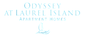 Elegant logo for Odyssey at Laurel Island Apartment Homes featuring a serene sailboat design in soothing blue hues.