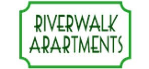 Logo of Riverwalk Apartments in green, highlighting modern and urban living.