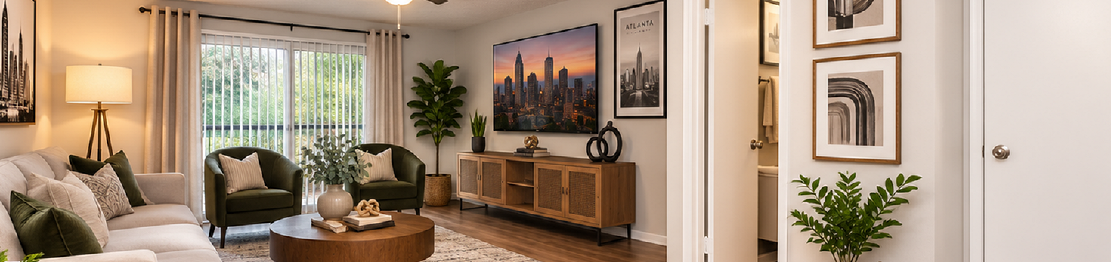 Inviting modern living room with elegant decor, featuring a cozy sectional sofa, chic armchairs, and vibrant artwork, enhanced by warm lighting and lush greenery.