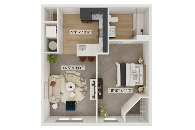 Wildcat one-bedroom floor plan at Gateway Lofts Lexington showing a 597 square foot layout with bedroom, full bathroom, kitchen, and open living room