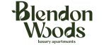 Blendon Woods luxury apartments logo with elegant dark green typography and leaf accents, conveying a sense of sophistication and nature-inspired living.