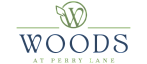 Elegant logo of Woods at Perry Lane featuring a stylized green leaf and letter W, conveying a natural and sophisticated brand aesthetic.