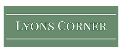 Elegant Lyons Corner logo on a green background, emphasizing sophistication and style.