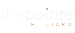 Modern logo for The Pointe at Hilliard, featuring elegant typography in white and bronze accents.
