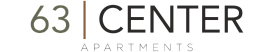 Logo of 63 Center Apartments, featuring modern typography in earthy tones.