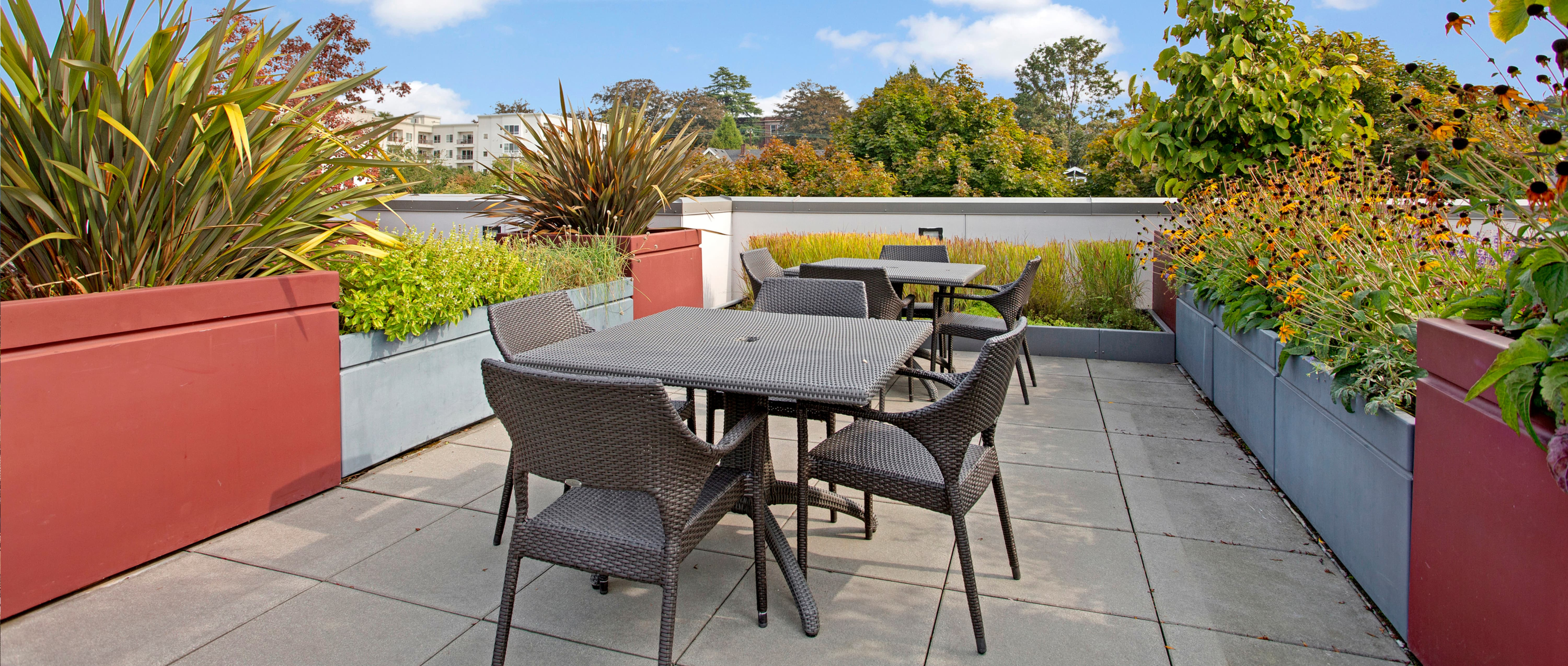 Noble Apartments rooftop patio with chairs and table and planter boxes with view of trees and other buildings in the area