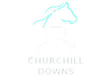 Elegant black and white logo of Churchill Downs featuring a stylized steeple and horse illustration, exuding sophistication and tradition.