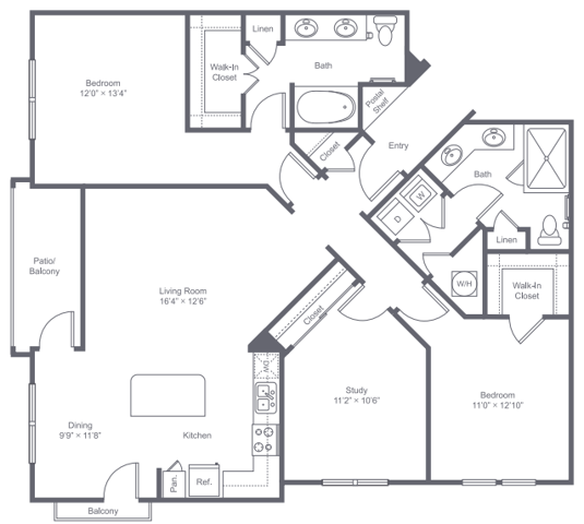 3 bedroom 2 bath apartment with optional study in place of 3rd bedroom, dining area, kitchen island, private patio and 1452 square feet