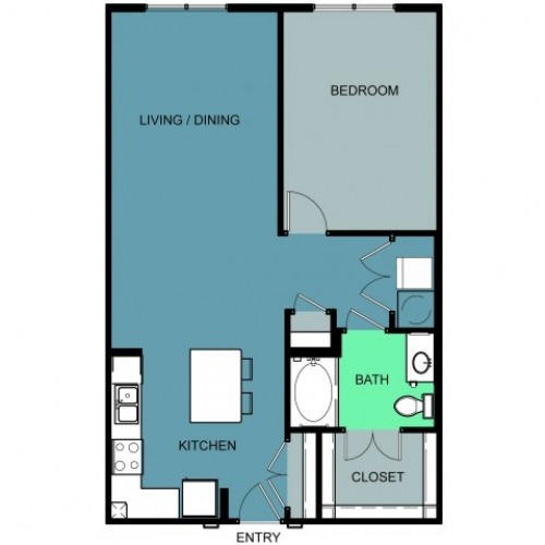 One bedroom/one bathroom apartment with a kitchen island
