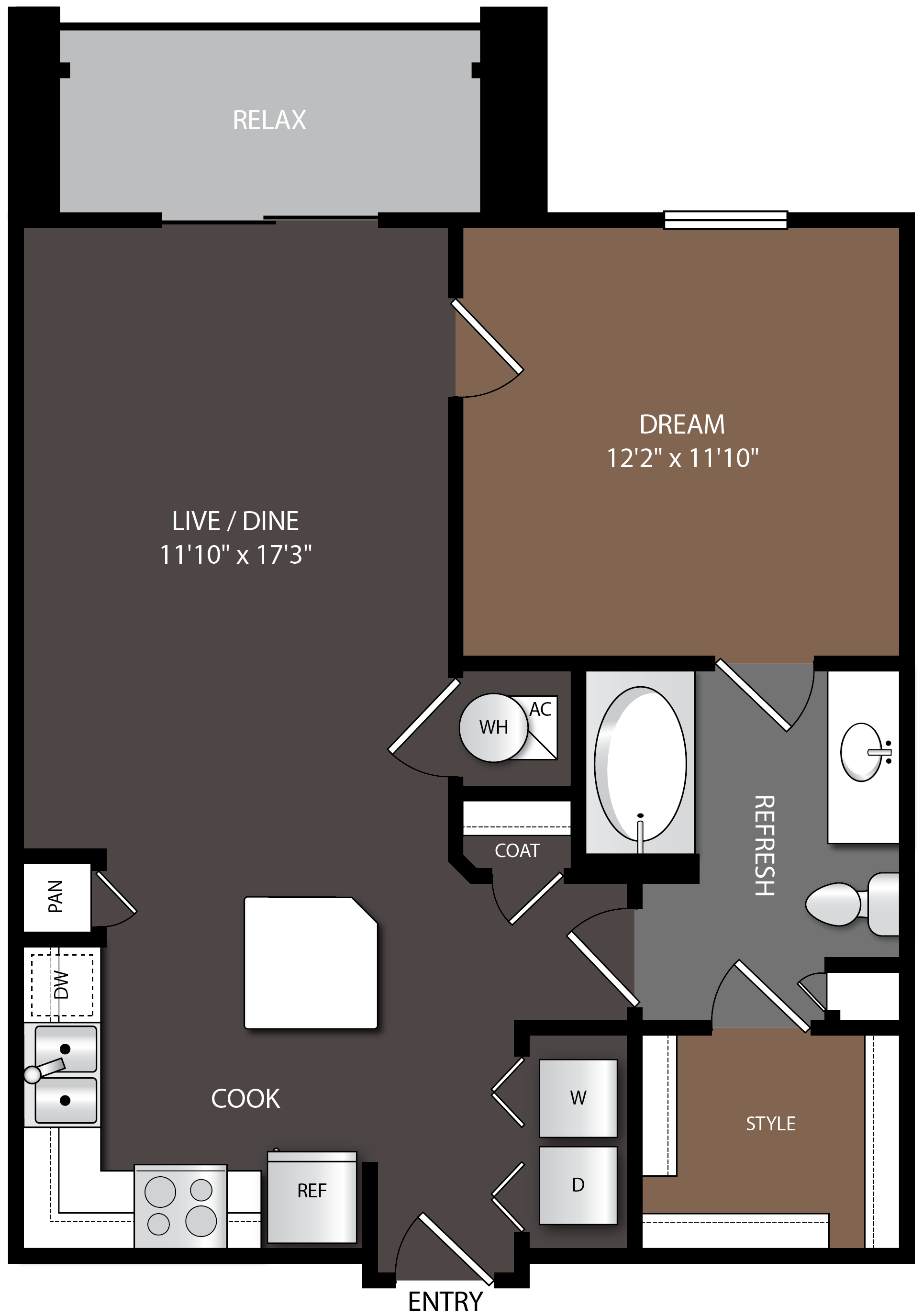 one bedroom one bath apartment in prosper texas with open floor plan
