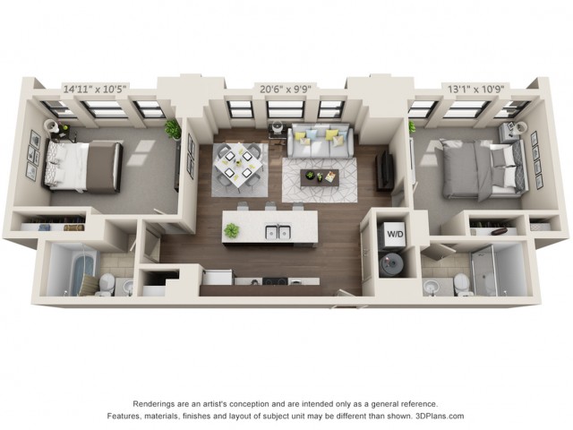B01-TWO BEDROOMS/ TWO BATHROOMS- 900 Sq. Ft.
