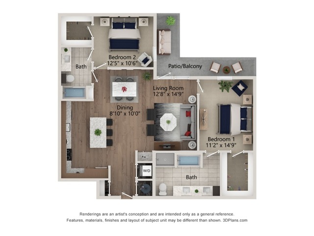 Floor plan layout diagram for 2bed/2bath