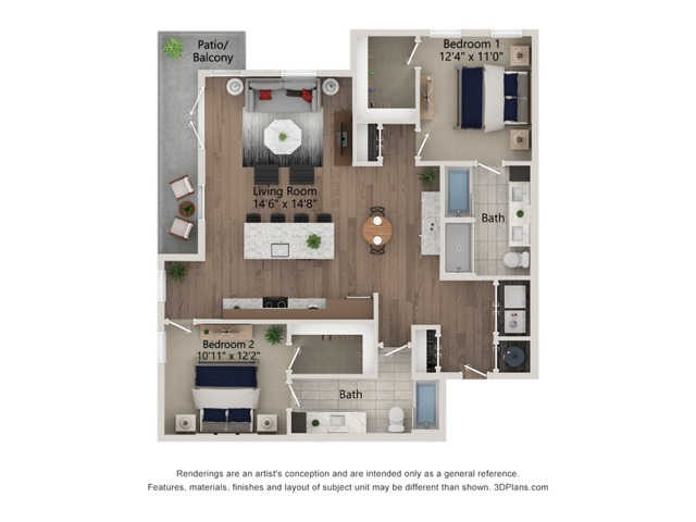 Floor plan layout diagram for 2bed/2bath