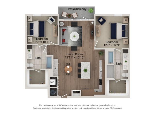 Floor plan layout diagram for 2bed/2bath