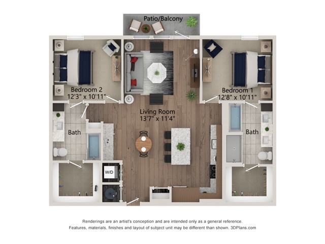 Floor plan layout diagram for 2bed/2bath