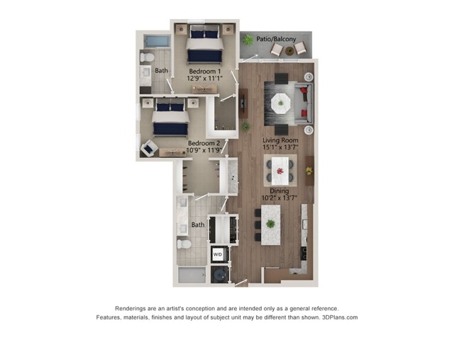 Floor plan layout diagram for 2bed/2bath