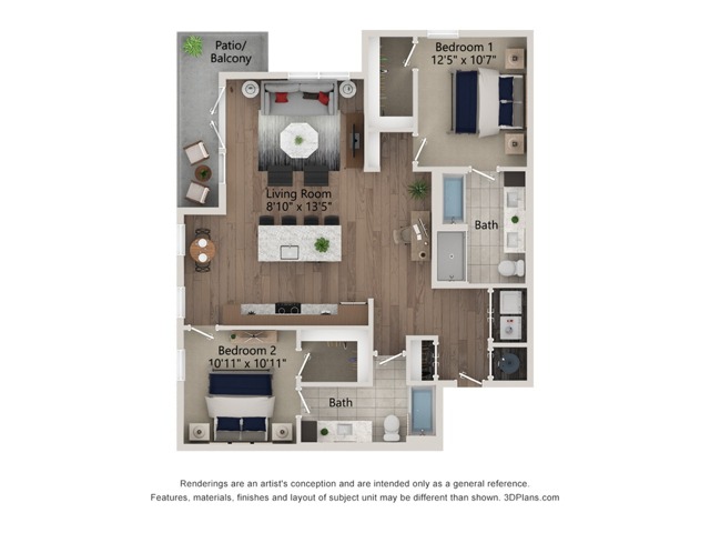 Floor plan layout diagram for 2bed/2bath
