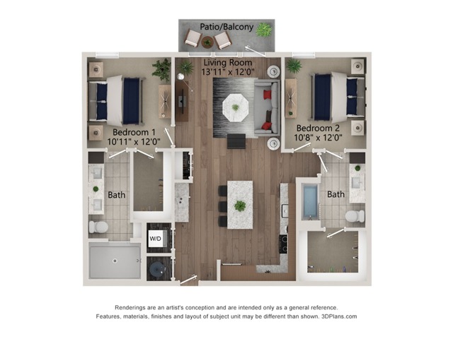 Floor plan layout diagram for 2bed/2bath