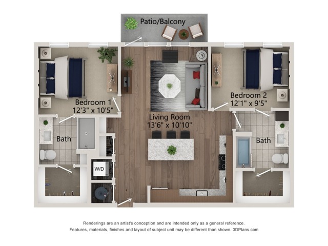 Floor plan layout diagram for 2bed/2bath