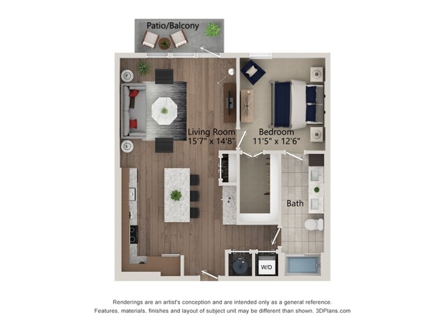 Floor plan layout diagram for 1bed/1bath