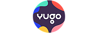 Vibrant and dynamic Yugo logo design featuring playful, colorful shapes encircling bold, modern typography.
