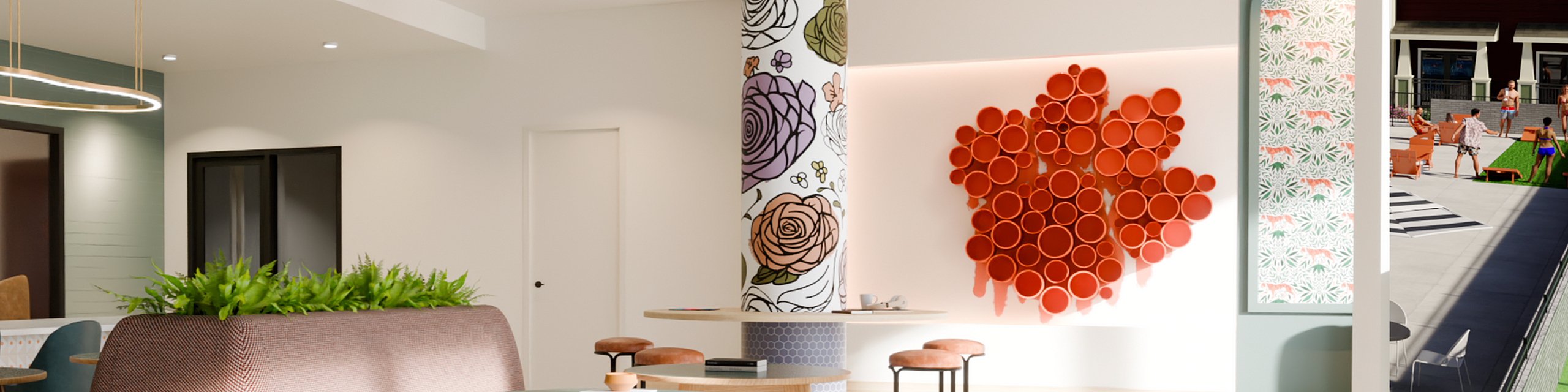 Chic apartment lobby featuring modern decor with vibrant floral art, stylish seating, and open views to a lively outdoor common area.