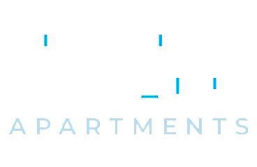 Logo for Kennett Square Apartments with modern white and light blue typography on a black background.