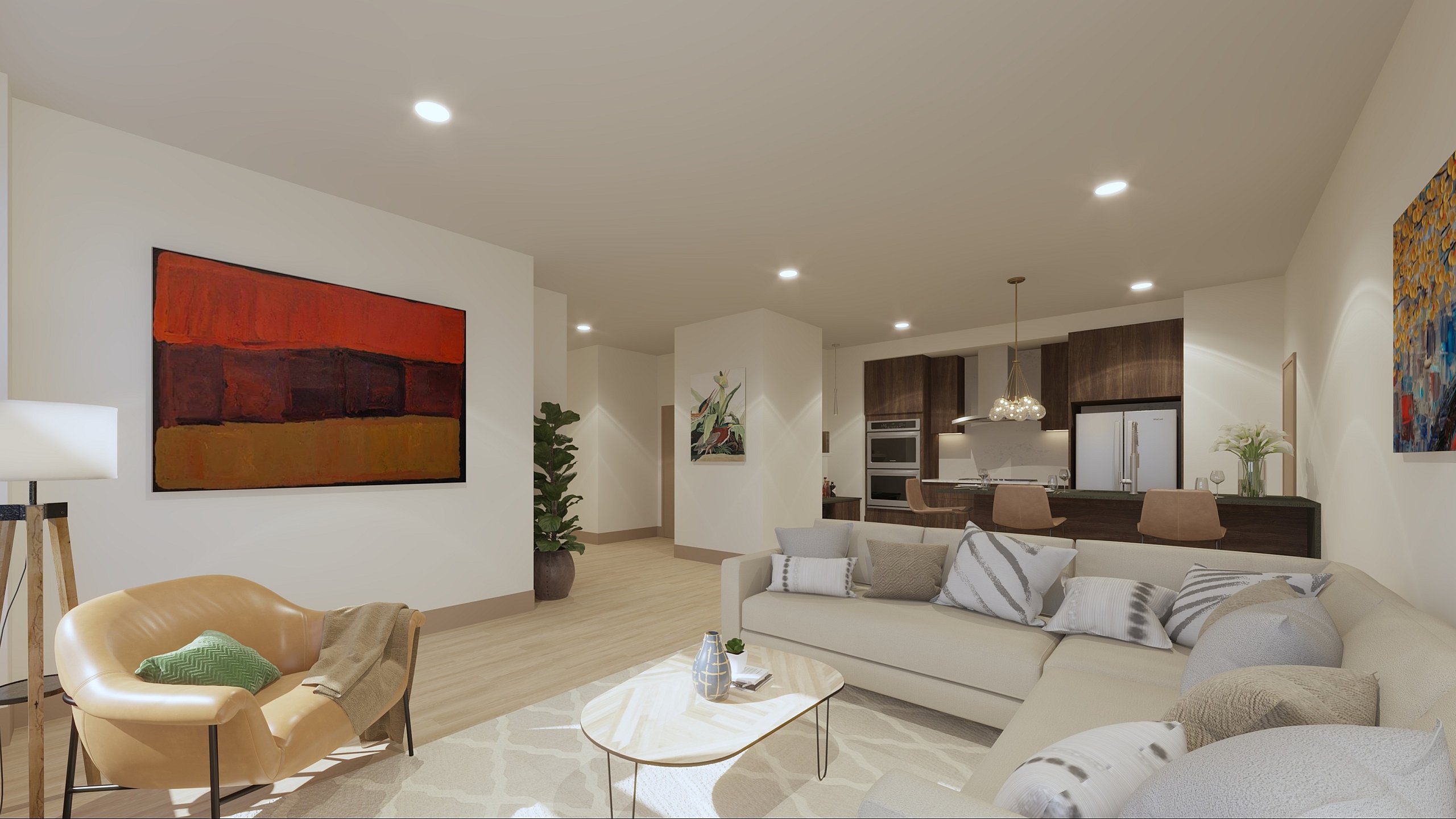 Modern open-concept living room with cozy seating, stylish artwork, and a sleek kitchen.