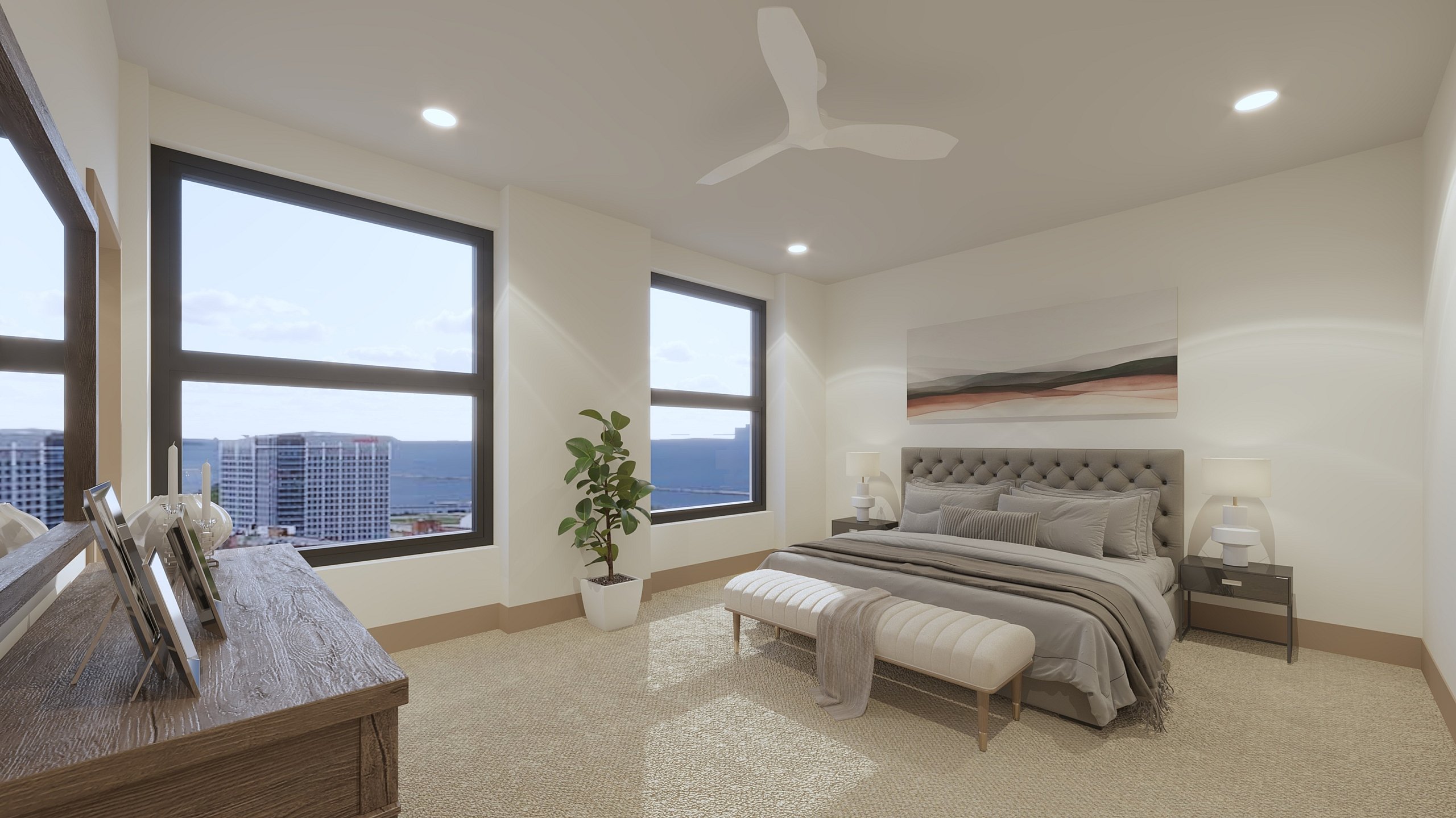 Elegant bedroom with large windows, modern furnishings, and cityscape view.