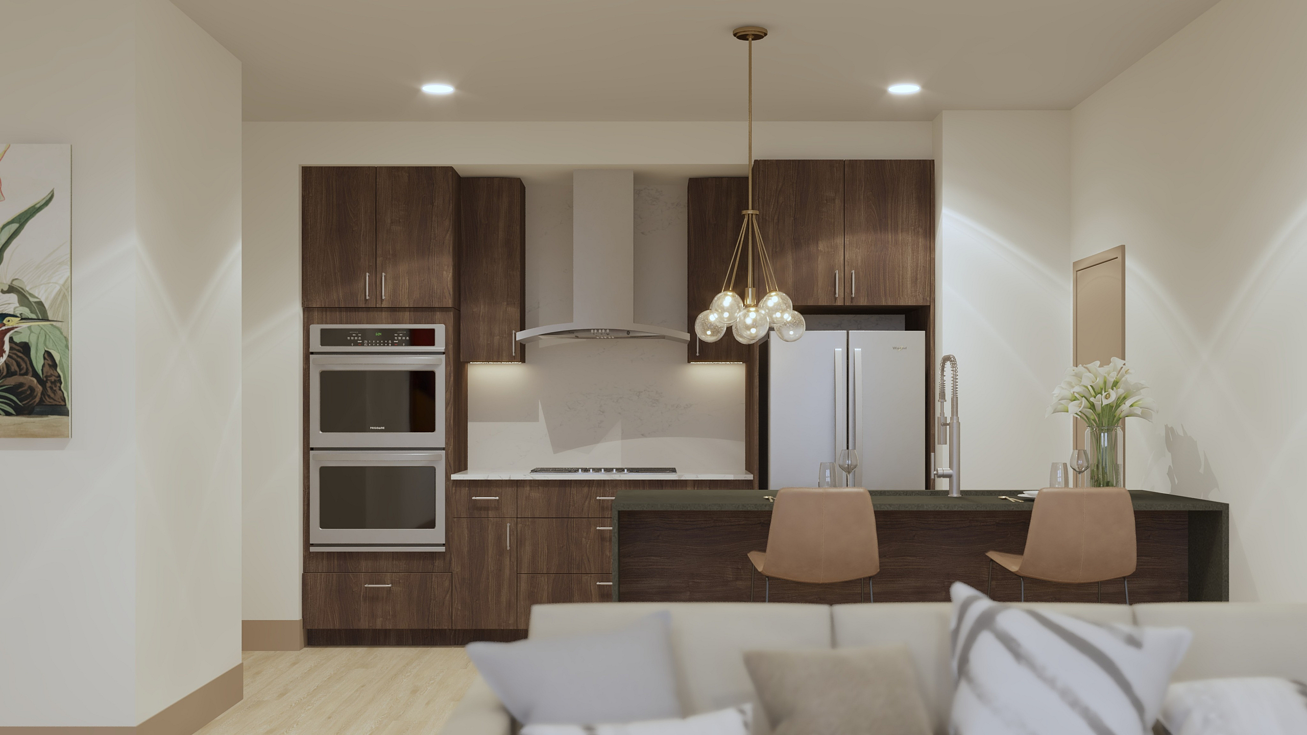 Modern kitchen interior with wooden cabinets, double oven, sleek fridge, and stylish lighting.