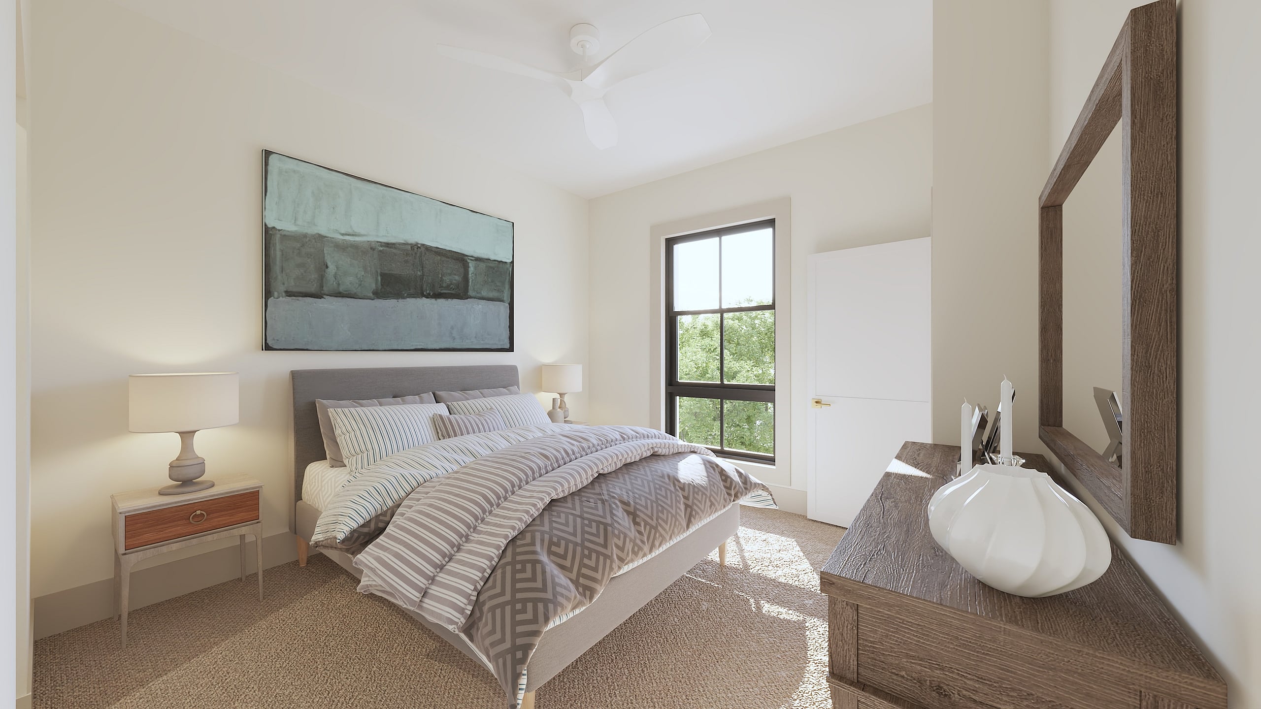 Bright and inviting bedroom featuring a cozy bed, modern artwork, and a scenic window view.