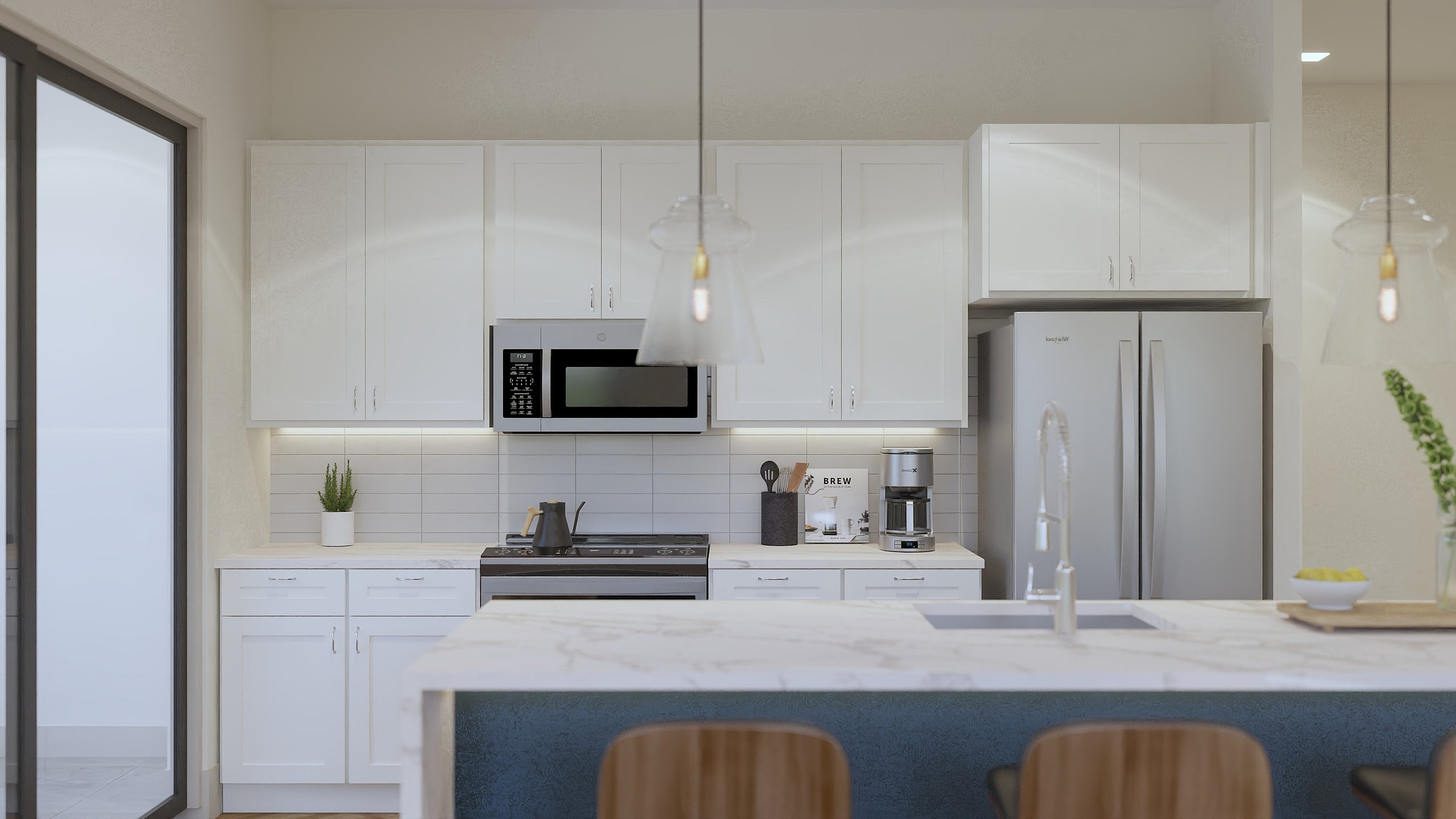 Modern kitchen with elegant white cabinetry, sleek stainless steel appliances, and marble countertops, featuring a chic island with pendant lighting.