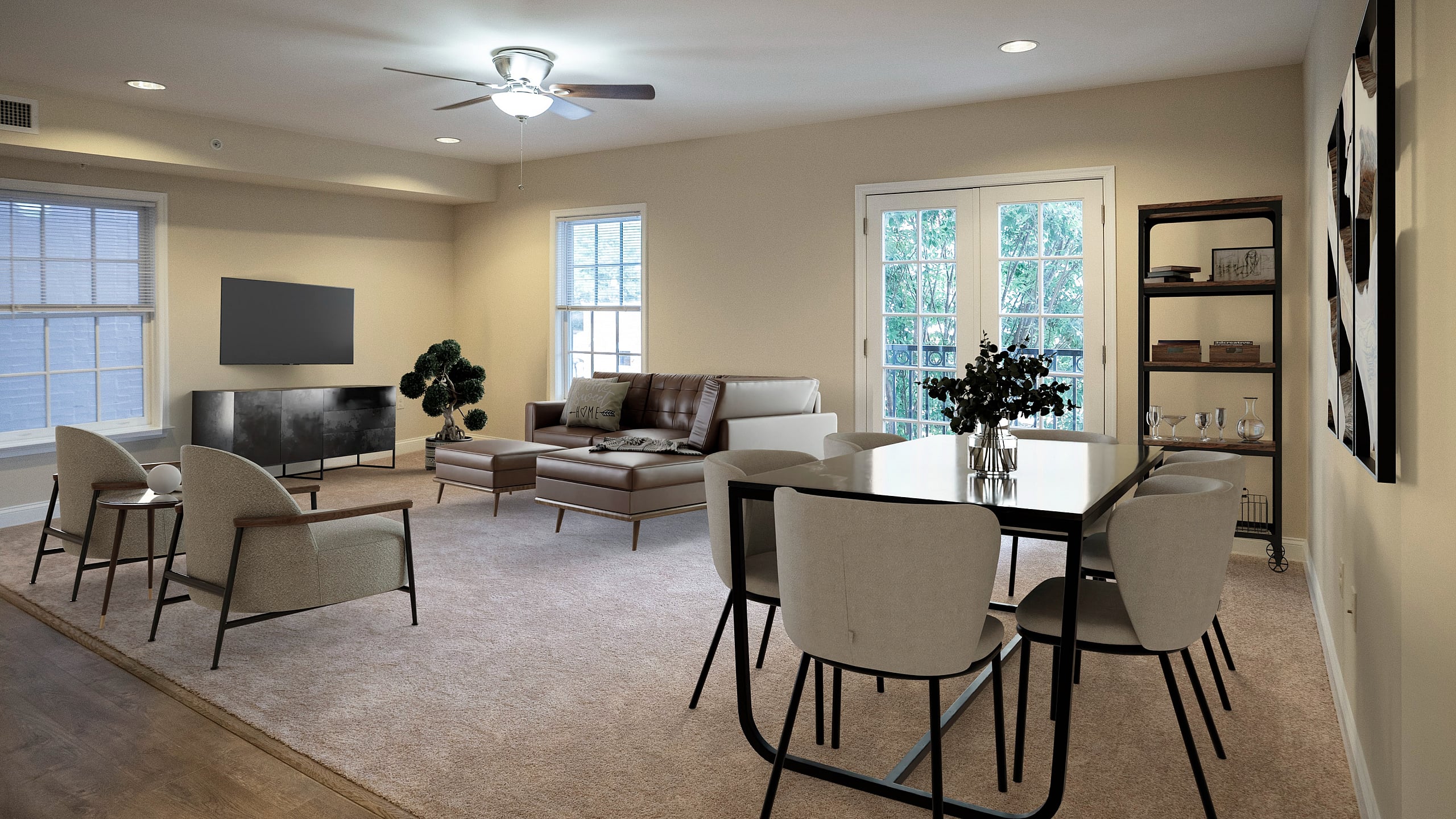 Elegant living room with modern furniture, cozy sofa set, and bright natural light from large windows.