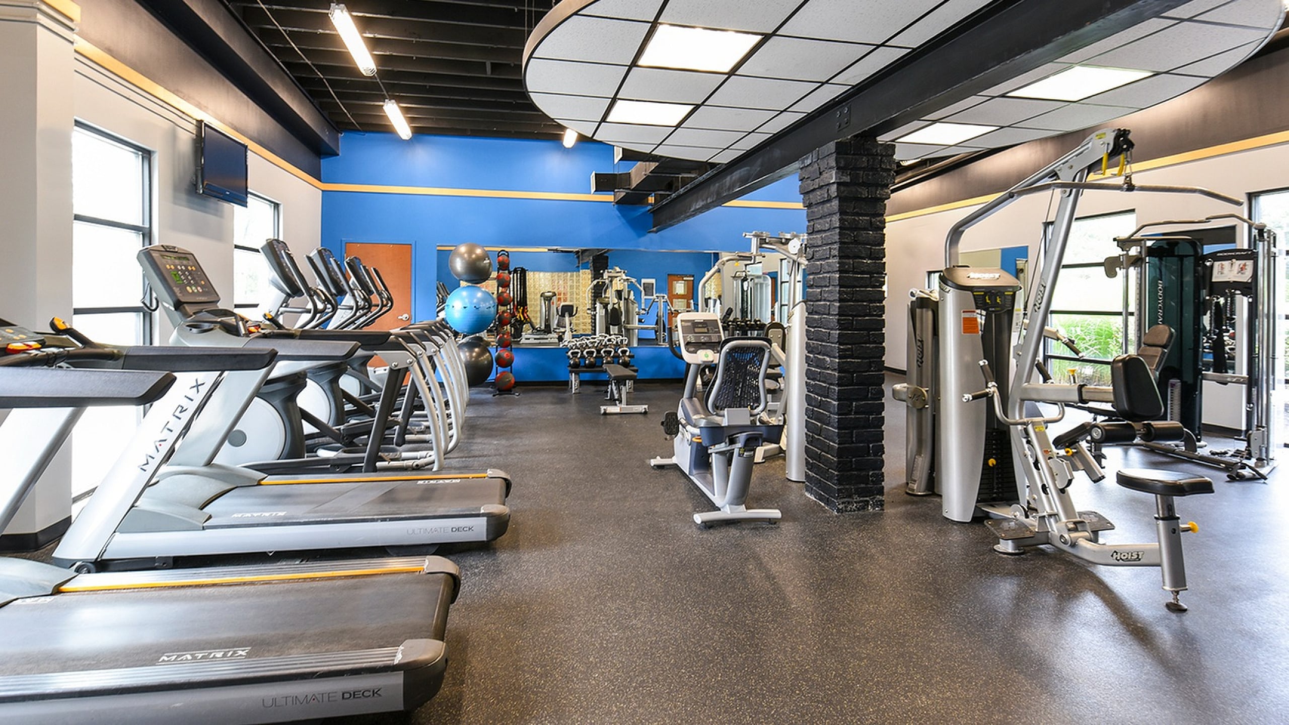 Modern fitness center featuring state-of-the-art treadmills, strength training equipment, and bright interiors for an energetic workout experience.
