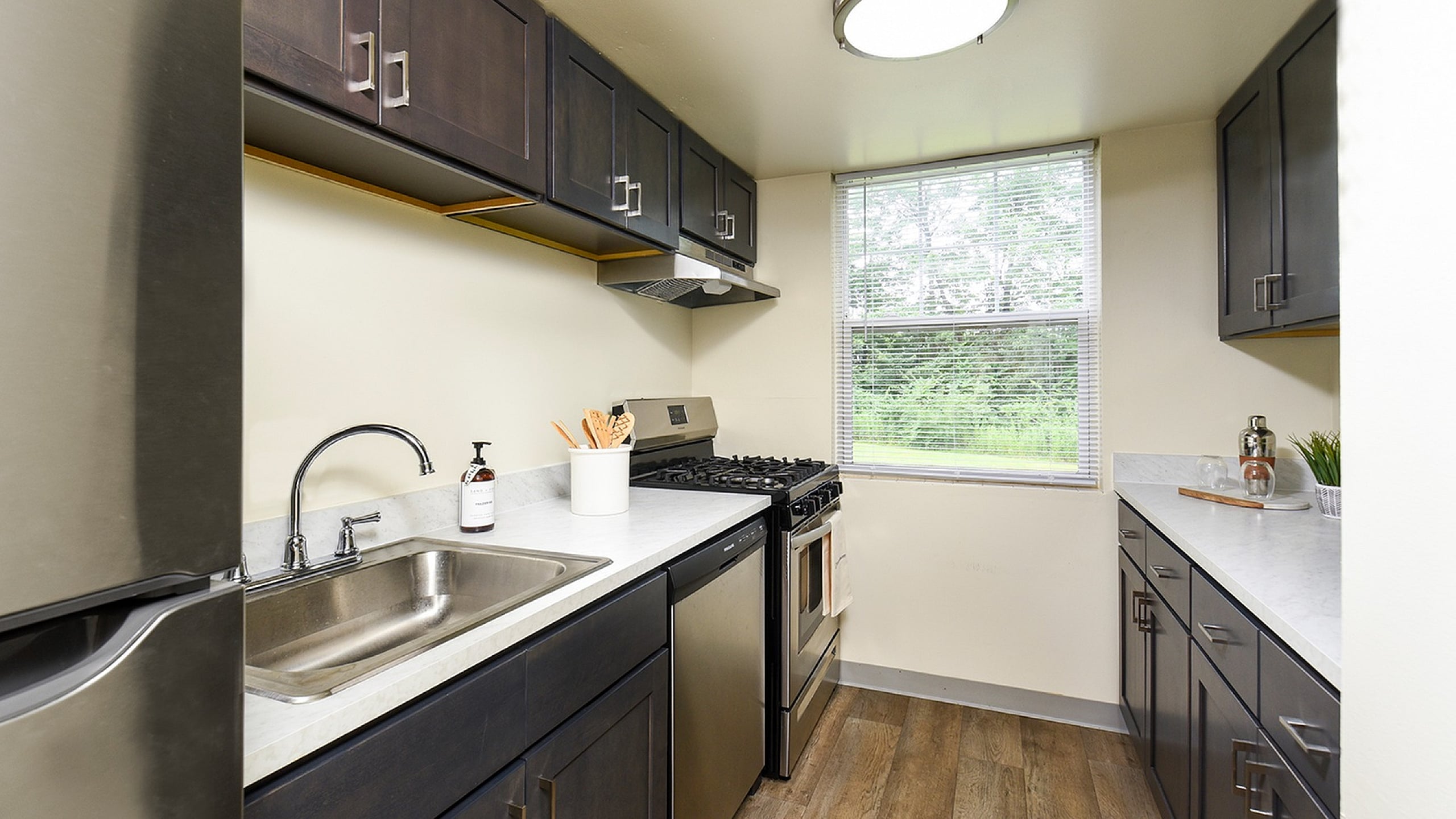 Modern kitchen with sleek stainless steel appliances, elegant dark cabinetry, and a bright window view.