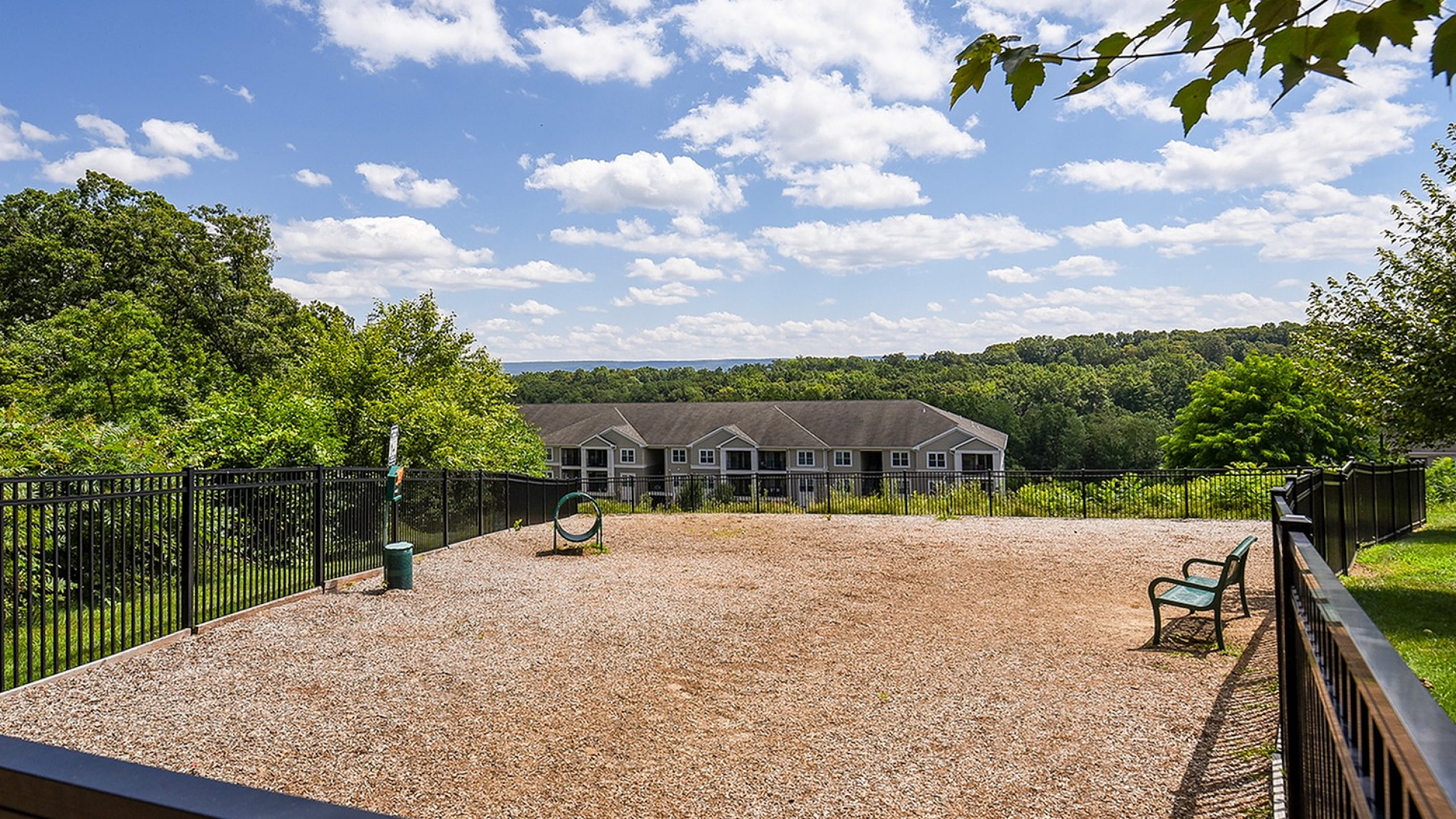 Scenic view of a pet-friendly area with benches, surrounded by lush greenery and overlooking modern apartments under a bright blue sky with fluffy clouds.