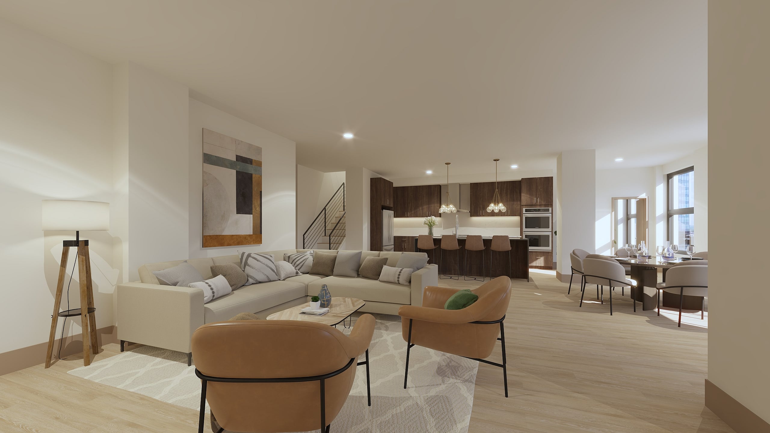 Elegant open-concept living space with a modern kitchen, inviting lounge area, and a stylish dining room with abundant natural light.
