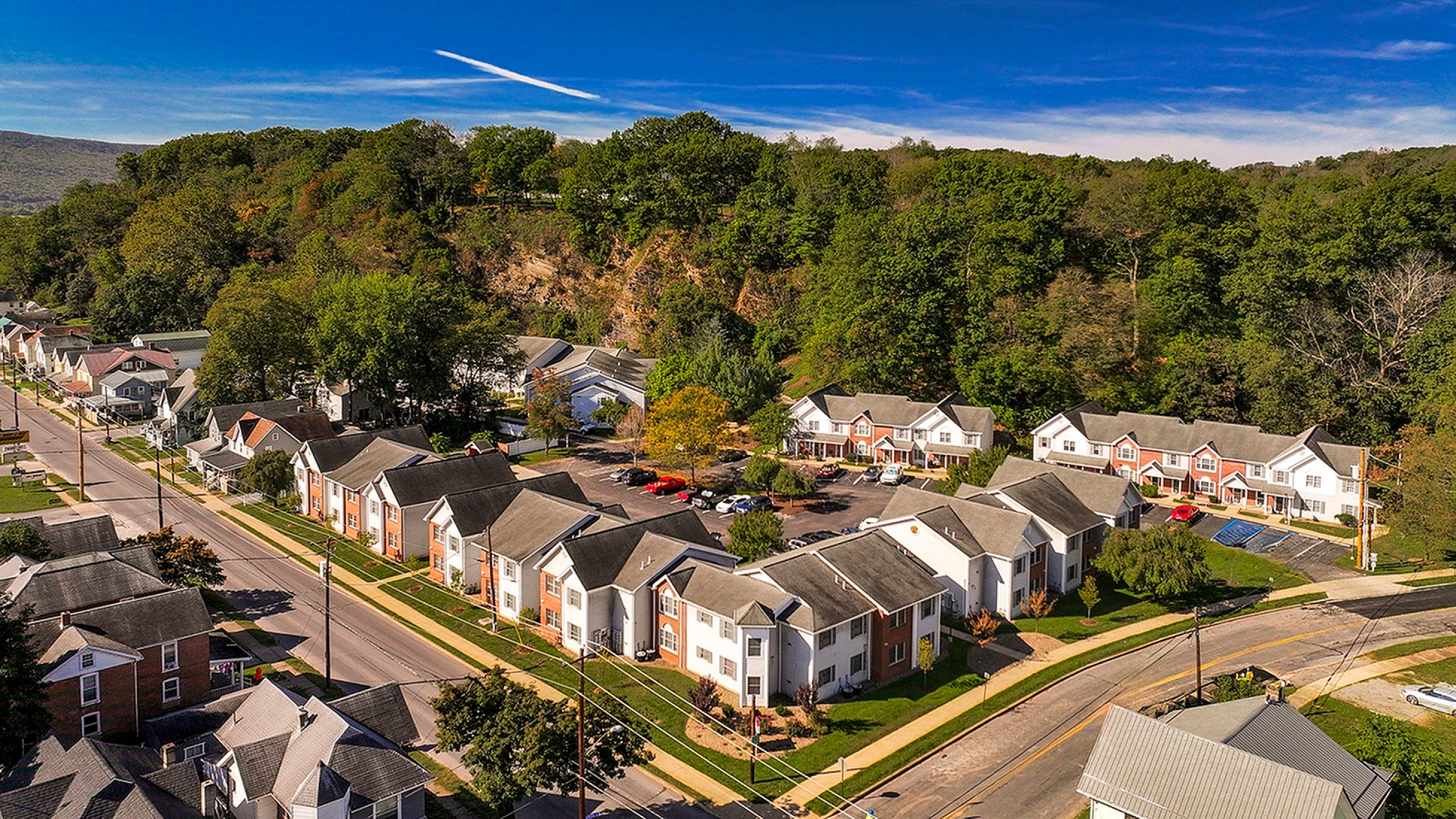 Charming residential neighborhood with modern townhouses, surrounded by lush greenery under a vibrant blue sky.