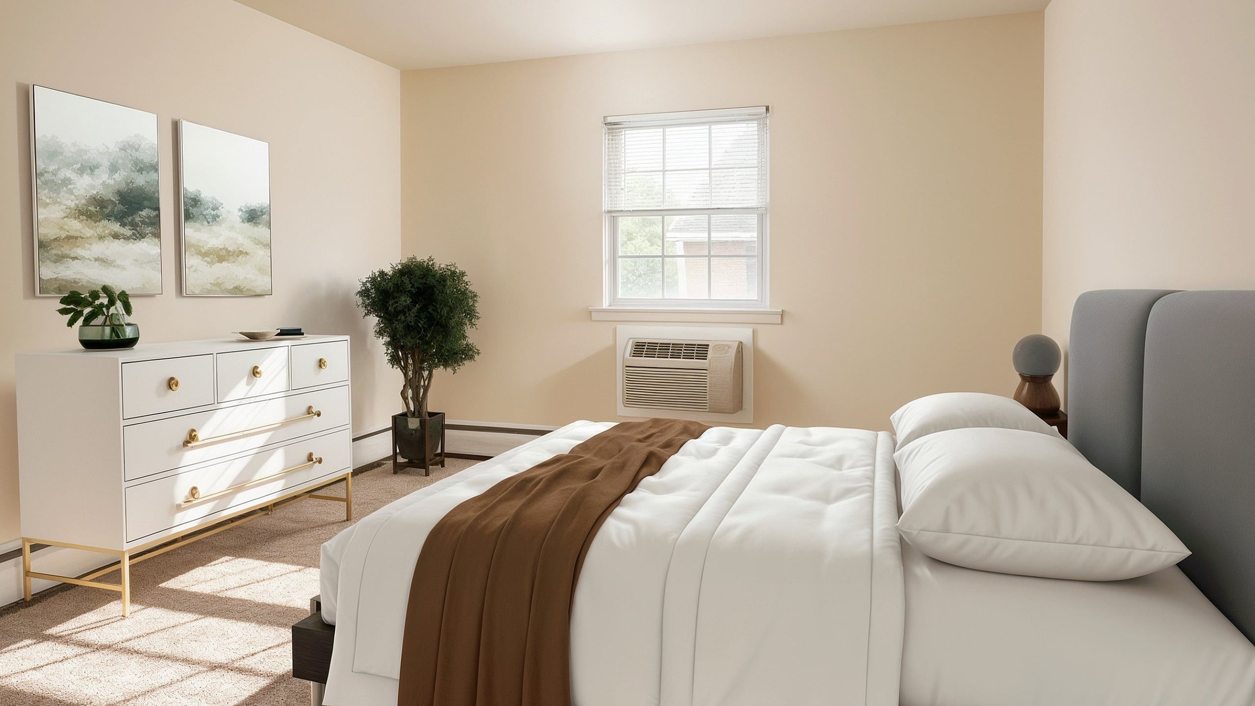 Elegant bedroom showcasing a plush bed, stylish white dresser, and serene artwork, enhanced by natural light.
