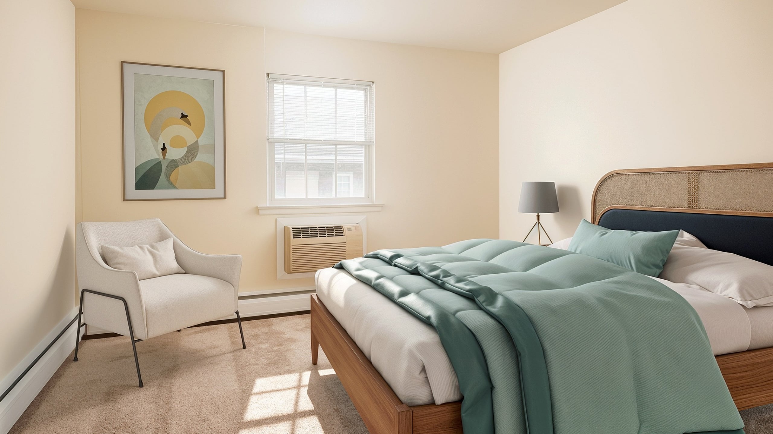 Bright and inviting bedroom with elegant decor, featuring a cozy bed with teal bedding, artistic wall art, and a stylish armchair by the window.